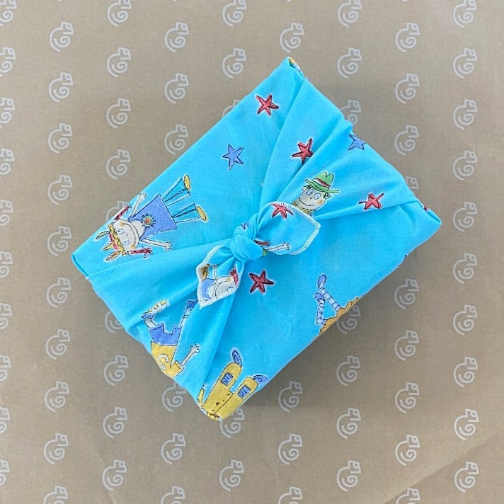 Kids gift wrap with characters and multi coloured stars on aqua blue fabric.